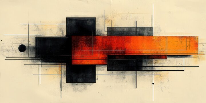 Dynamic abstract composition of overlapping black and orange rectangles with intersecting thin lines and dots on a textured beige background conveying bold industrial energy