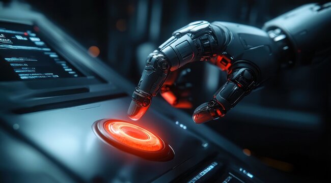 futuristic metallic robotic hand reaching to press a glowing red circular button on an illuminated control panel, tense moment of activation