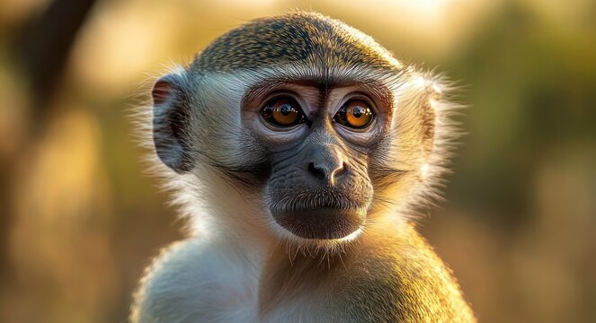 young monkey with face partially obscured by a square blur, soft fur lit by warm golden sunlight, calm contemplative mood against a creamy bokeh background