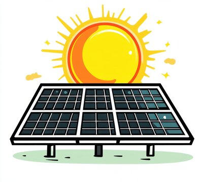 Bright optimistic illustration of ground-mounted solar panels facing a large glowing sun above a small grassy patch, conveying clean energy and sustainable hope