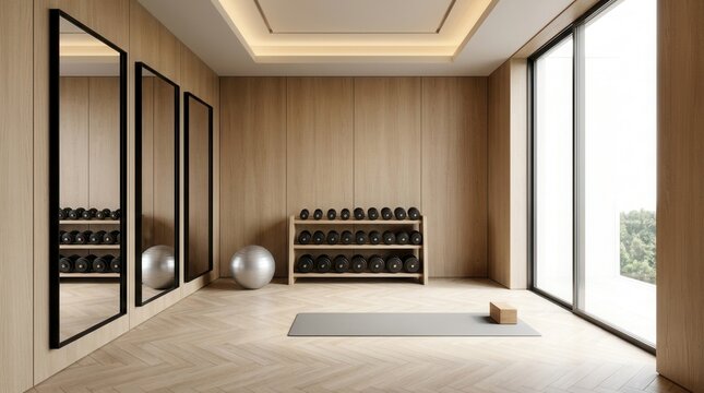 Bright natural light illuminates this modern home gym interior with minimalist design, mirrors, wooden walls, and fitness equipment.