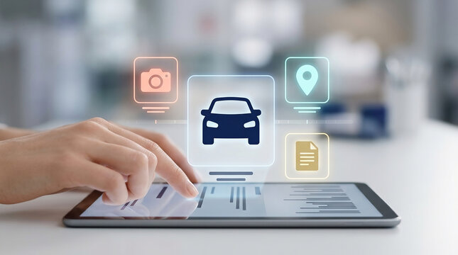 Automotive service and smart car management concept using a digital tablet with holographic icons for location, camera, and insurance documents.