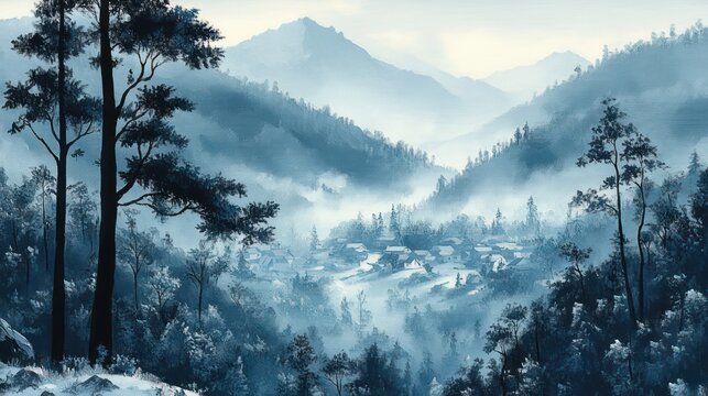Misty mountain valley with a small village nestled among pine forests, layered blue ridges and soft morning fog creating a serene and tranquil atmosphere