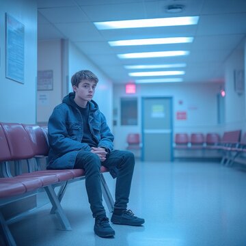 teen sitting alone on a row of red waiting room benches in an empty clinical corridor under cool fluorescent lights, wearing denim jacket and hoodie, appearing anxious and contemplative