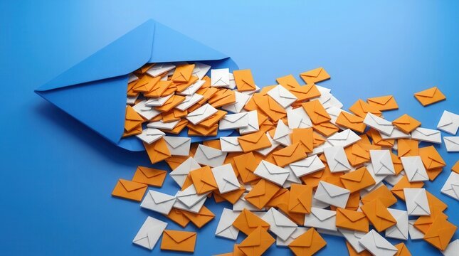 3D rendering of a blue envelope on a blue background with an overflowing pile of white and orange envelopes symbolizing scam messages or email spam.