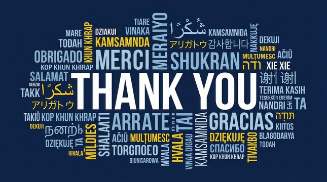 Heart shaped word cloud with thank you in multiple languages on dark blue background