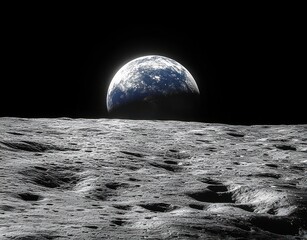 Fototapeta premium earth rising above a cratered lunar surface under a black space sky, evoking awe and silent wonder