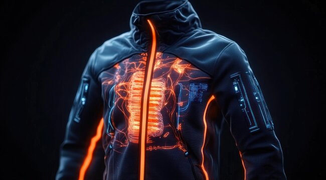 Futuristic black hooded jacket with glowing orange chest circuitry revealing rib-like light panels, illuminated zipper and sleeve digital displays emitting intense high-tech energy