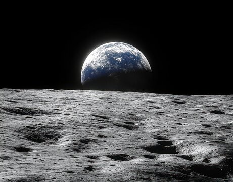 earth rising above a cratered lunar surface under a black space sky, evoking awe and silent wonder