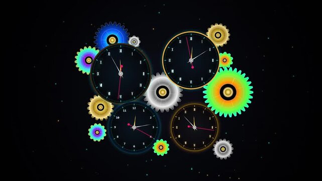 Abstract clockwork mechanism with colorful spinning gears and ticking watch faces.