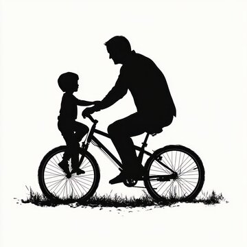 Silhouette of an adult and child sharing a tender moment on a bicycle, holding hands while riding over grass