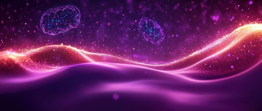 Glowing purple waves with two floating digital brain wireframes and a sparkling particle stream, evoking futuristic wonder and curiosity