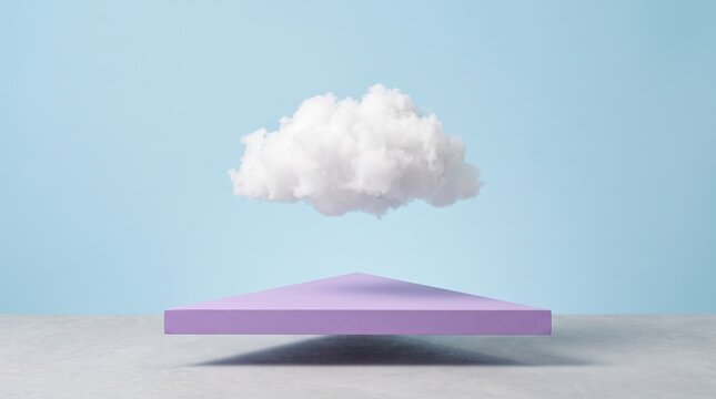 Minimalist surrealual art featuring a fluffy white realistic cloud floating magically above a geometric purple triangular prism platform pedestal against a solid light blue pastel