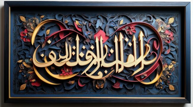 ornate gold arabic calligraphy panel with layered carved floral motifs on dark textured background, framed, evoking reverence and elegance