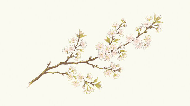 Watercolor illustration of a blooming cherry blossom tree branch with floral art