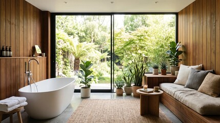 Fototapeta premium Modern Japandi Bathroom with Wooden Interior, Freestanding Bathtub and Lush Greenery