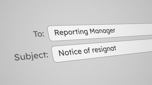Notice of Resignation email typed on a screen, employee resigning from a job and giving notice to a manager