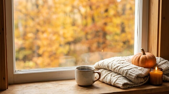 Cozy Fall Autumn Morning With Hot Coffee And Warm Knitted Sweater
