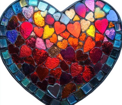 heart-shaped glass mosaic made of many small colorful heart tiles with blue square border, glowing with warm joyful reds, oranges, pinks and purples