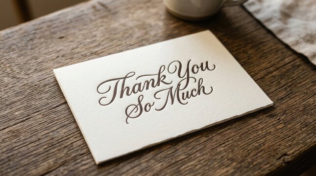 Close up of a handwritten thank you card on a rustic wooden table