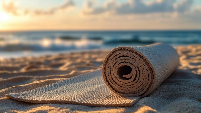 rolled yoga mat on sandy beach at sunrise with gentle ocean waves, cloudy sky and warm golden light conveying calm peaceful relaxation