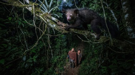 Fototapeta premium Aye-Aye in the Rainforest Canopy: A rare Aye-Aye, with its distinctive rodent-like teeth and large eyes, clings to a moss-covered branch high in a dense, tropical rainforest at night. Below.