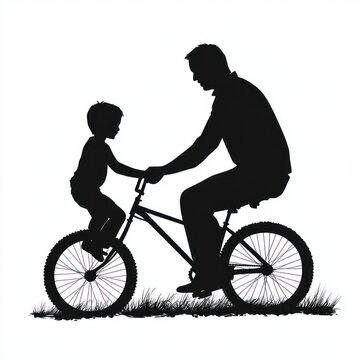 silhouette of an adult guiding a child on a bicycle across grass, tender teaching and joyful bonding