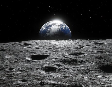 view from a cratered lunar surface as earth rises above the horizon under a starry sky, evoking awe and solitude
