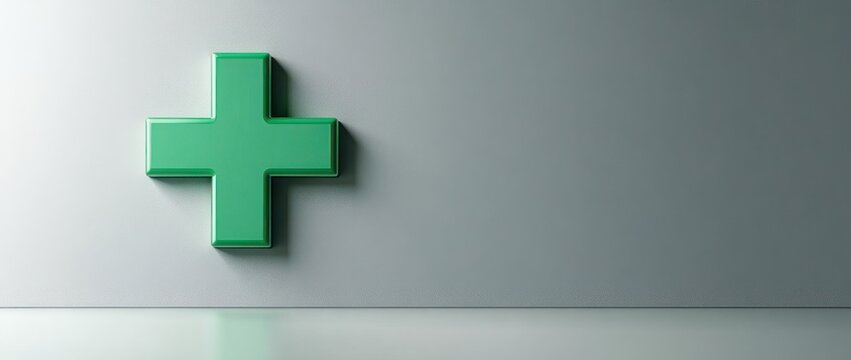 green three-dimensional medical cross mounted on a minimalist gray wall with soft shadows and a calm reflective surface conveying a clean reassuring mood