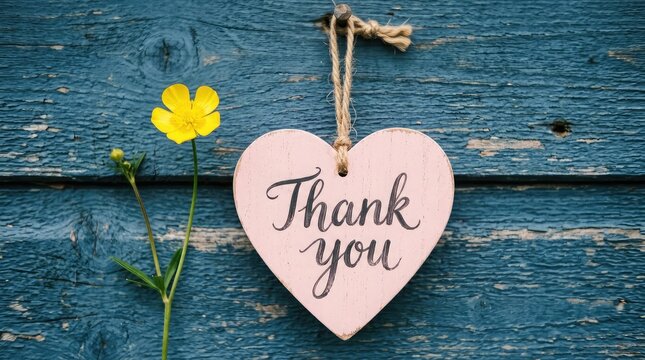 A pink heart shaped thank you note hangs beside a vibrant yellow wildflower