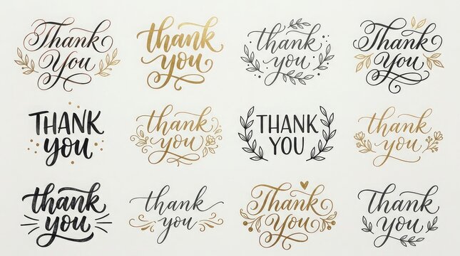 Collection of hand lettered thank you phrases in various styles and colors