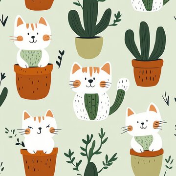 Playful seamless pattern of smiling white cats sitting in terracotta pots among potted cacti and leafy succulents on a pale green background