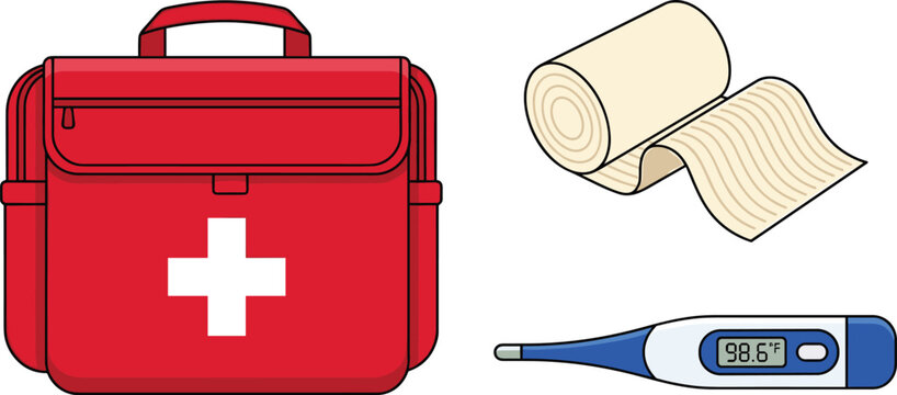 First aid medical kit with bandage and digital thermometer