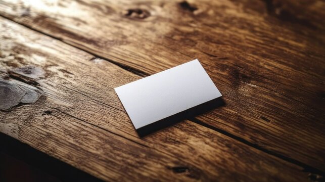 Blank white business card resting on a rustic wooden table with warm moody light and soft shadow, minimalist and inviting atmosphere