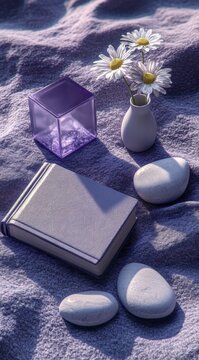 Serene still life of daisies in a white vase with smooth white stones, a closed book and translucent purple cube arranged on textured purple fabric with soft lighting