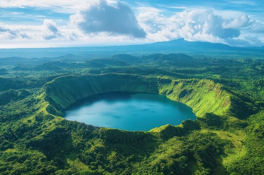 Aerial view of a volcanic crater lake with turquoise water surrounded by a lush forested rim, distant mountains under dramatic clouds, a tranquil and awe-inspiring natural scene