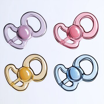 four pastel translucent baby pacifiers arranged in a neat grid on a white background conveying a gentle, soothing and playful mood