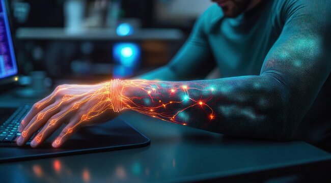 Focused person typing at a computer with glowing orange cybernetic veins and pulsing neural circuitry along the forearm under cool blue ambient light