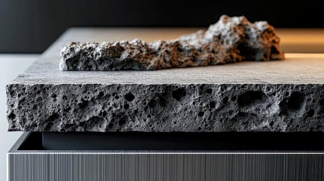 Minimalist close-up of a porous stone slab with a rugged rock on a modern countertop bathed in warm directional light, evoking calm and contemplative texture