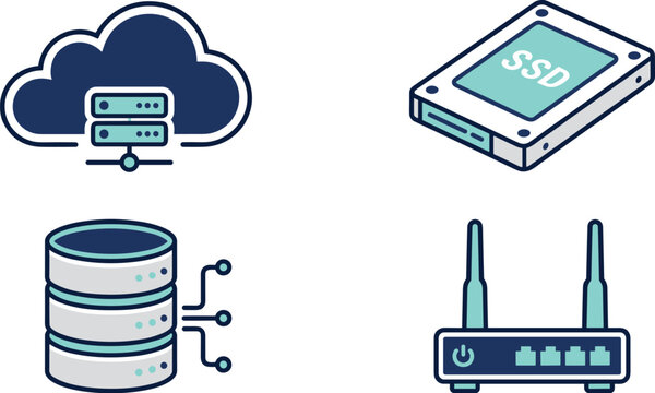 Computer hardware database network and cloud storage icon set