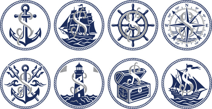 Vintage nautical round emblem and sea icon sticker se