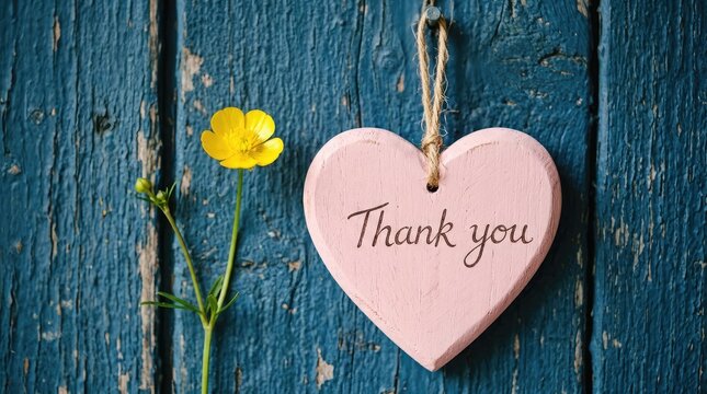 Heart shaped thank you note with a single yellow flower on rustic wood