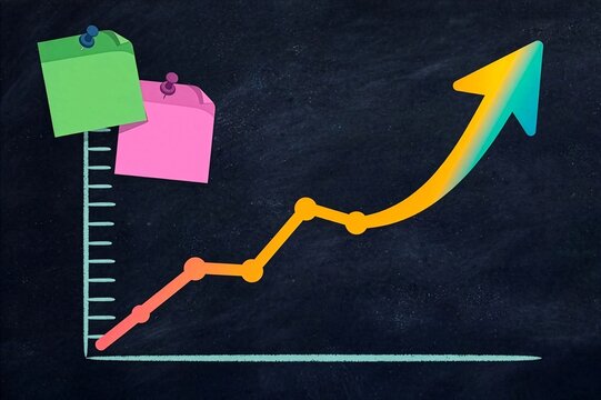 Hand drawn financial growth chart with ascending arrow and sticky notes on a dark chalkboard