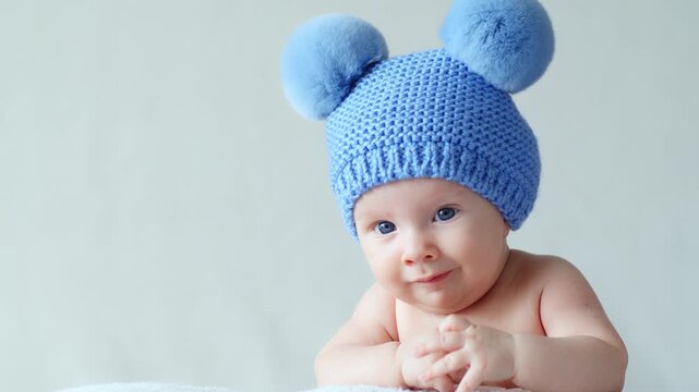 Sweet newborn baby in a blue hat with pompoms looks into the camera. Calm two-month-old infant is lying on a blanket. Beautiful, cute little child with blue eyes looks into camera. SLOW MOTION.