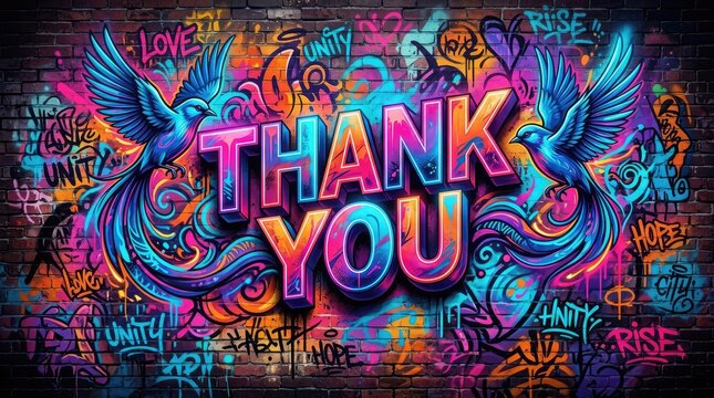 Colorful thank you message with vibrant abstract background and graffiti style lettering