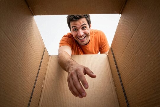 Excited young man looking inside a cardboard box with a cheerful expression and reaching out