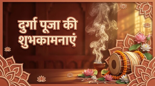 Durga puja ki shubhkaamnaye greeting card with traditional dhak drum and smoking incense burner for cultural celebration.