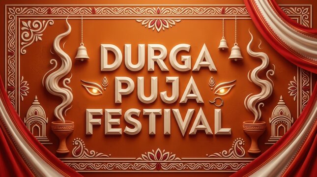 Durga puja festival banner with elegant decorative elements, traditional patterns, and hanging bells in 3d render.