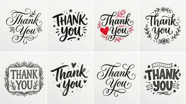 Collection of hand lettered thank you phrases in various artistic styles and designs