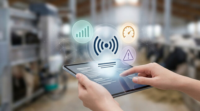 Smart farming technology concept showing person using digital tablet for livestock monitoring and production management in blurred dairy farm environment.